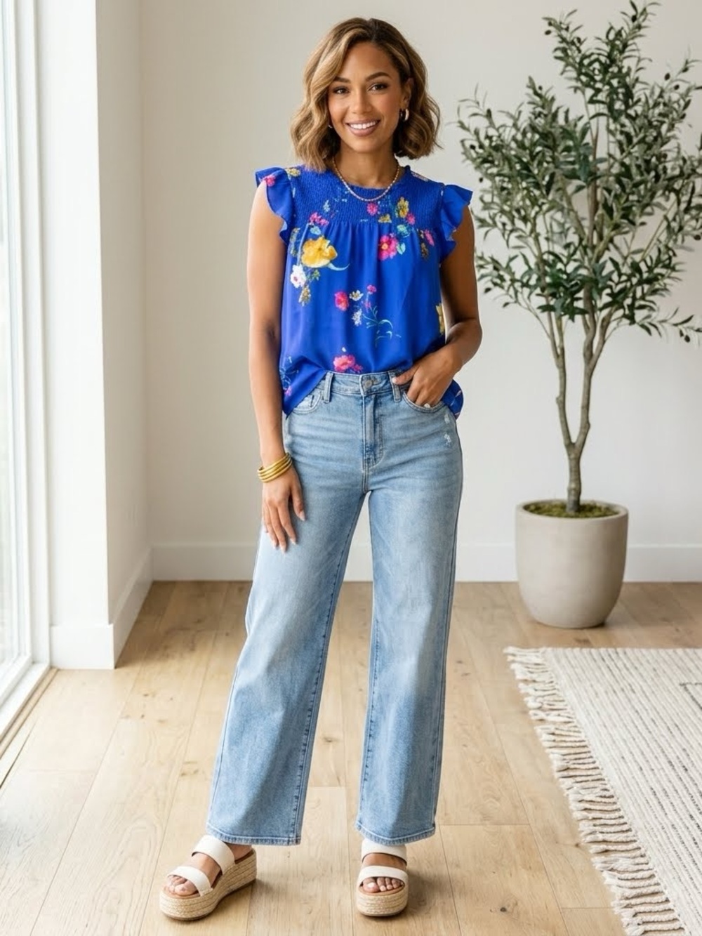 Old Navy Blue Floral Flutter Sleeve Top